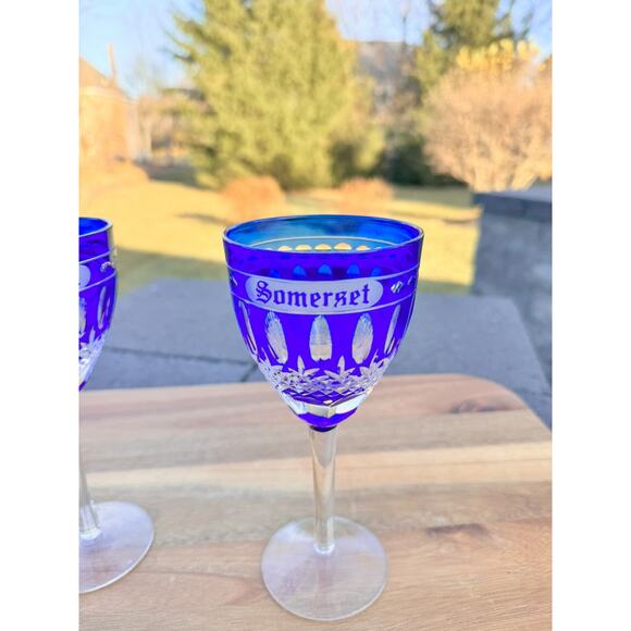 Somerset Cobalt Blue Cut to Clear Crystal Wine Glasses 6.75”~Set of 2 - Picture 4 of 7
